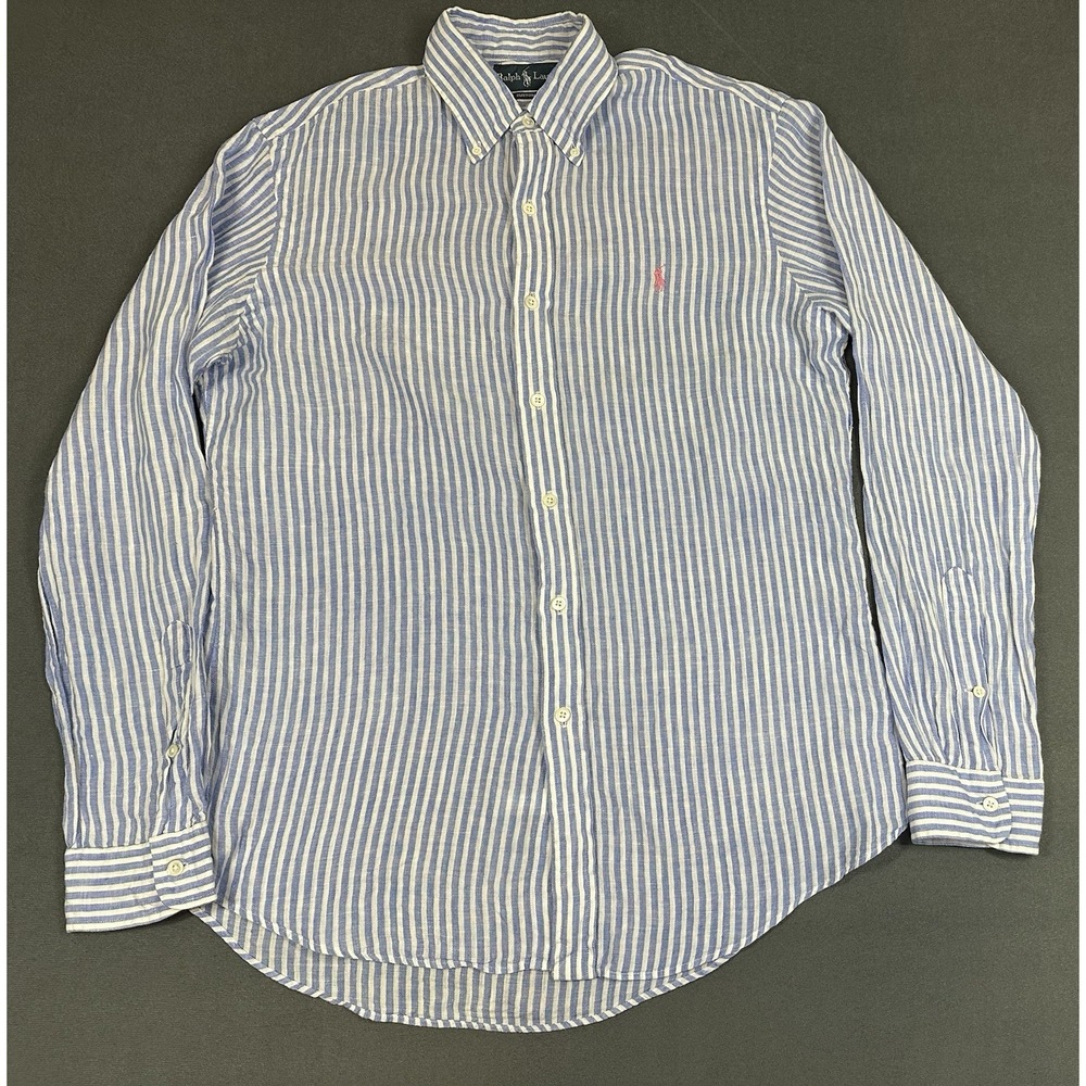 Vintage Ralph Lauren 100% Linen Shirt Mens Medium Custom Fit Striped Long Sleeve